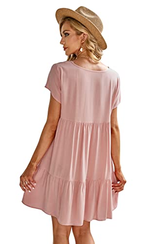Image of Fangetey Women's V-Neck Tunic Dresses Short Sleeve Button Down Loose Casual Summer Short Flowy Swing Dress Pink Medium