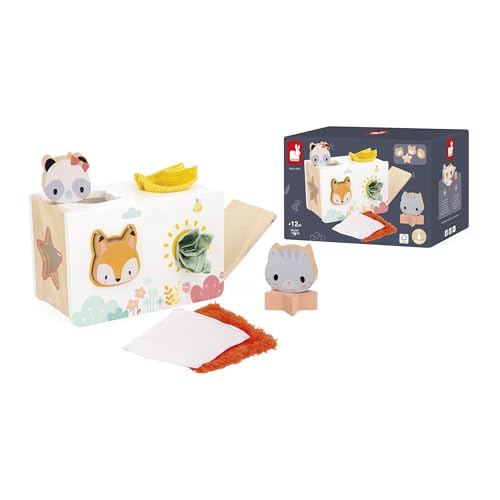 Janod - Jouet en Bois Boîte à Mouchoirs Bébé Dès 12 Mois - 4 Pièces à Encastrer + 4 Mouchoirs aux Textures Variées - Boîte à Forme Boîte à...