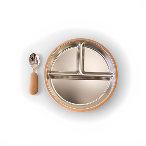 Image of Soreign Stainless Steel Kids Suction Plate with Spoon | Silicone Suction Base Baby Feeding | Non-Slip BPA Free Toddler Self Feeding Plate | Food Grade Set of 1 (Beige)