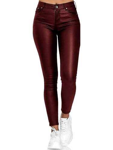 Image of Svuitmsl Women Wet Look Leggings High Waisted Faux PU Leather Trousers Solid Color Stretchy Slim Fit Pants with Pockets (B-Wine Red, XL)