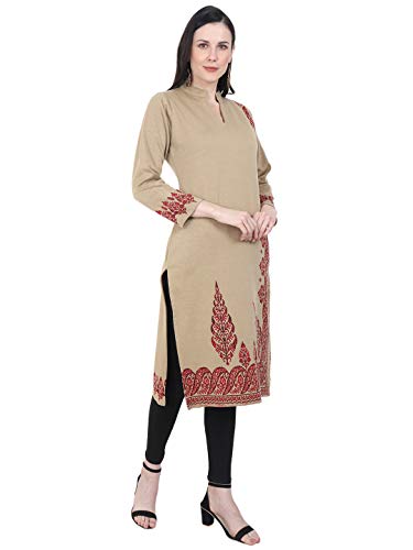 Image of Rosary Women's Winter Wear Embroidered Warm Woolen Straight Full Sleeve Kurti with Pockets
