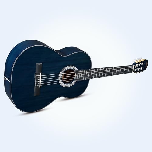 Image of WINZZ 4 /4 Classical Guitar, 39 Inch Full Size Nylon String Guitar for Beginner Adults, Full Classic Guitar Kit with Free Lessons, Gig Bag, Footstool, Capo, Tuner, Hanger and Strap (Glossy Blue)