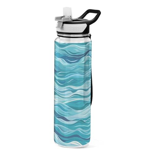 Mnsruu Sea Wave Blue Ocean Water Bottle 32 oz Tritan Plastic with Straw Lid BPA Free Clear Leakproof Drinking Bottle for Boys Girls School Sport
