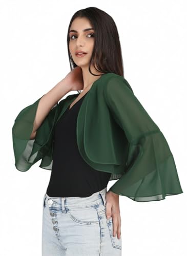 Image of AOL Women's Cropped Layered Lightweight Sheer Three-Fourth Bell Sleeves Georgette Open Neck Shrug Bolero