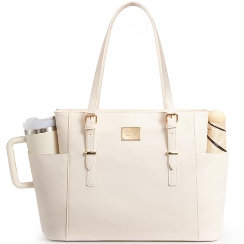 Image of LOVEVOOK Laptop Tote Bag for Women, Vintage Leather 15.6 Inch Work Tote with Large Water Bottle Pocket, Teacher Nurse Professional Computer Bag, Office Briefcase Handbag Gift, Off-White