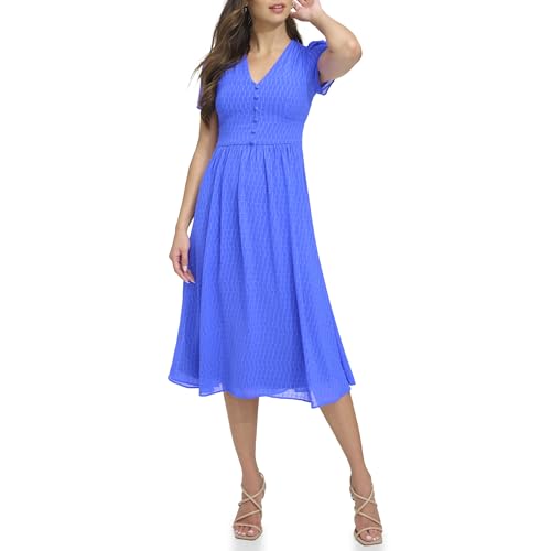 Image of DKNY Women's Short Sleeve V-Neck Midi Dress Straight Hem Dress