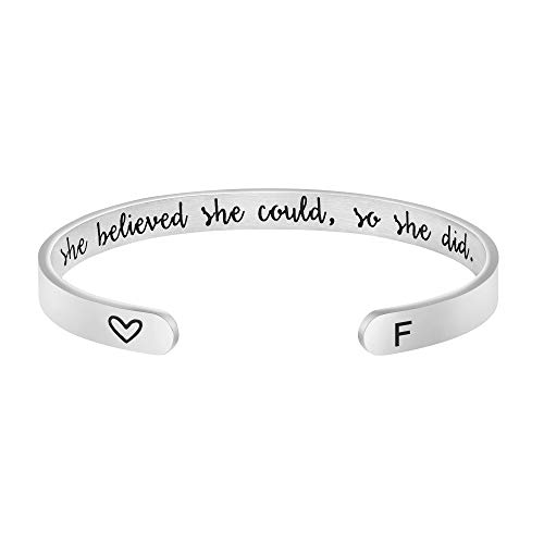 She Believed She Could So She Did Bracelet F Initial Engarved Mantra Cuff Bangle Mother's Day Gifts for Mom Daughter Grandma Inspirational Jewelry Friend Encouragement Gifts