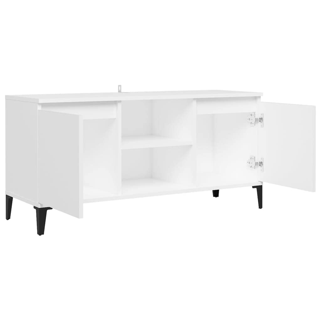 Mobile TV con gambe in metallo, bianco, 103,5 x 35 x 50 cm, mobile basso con 2 ripiani e 2 scomparti, credenza con vano portaoggetti, mobile moderno per soggiorno per gaming e home theatre