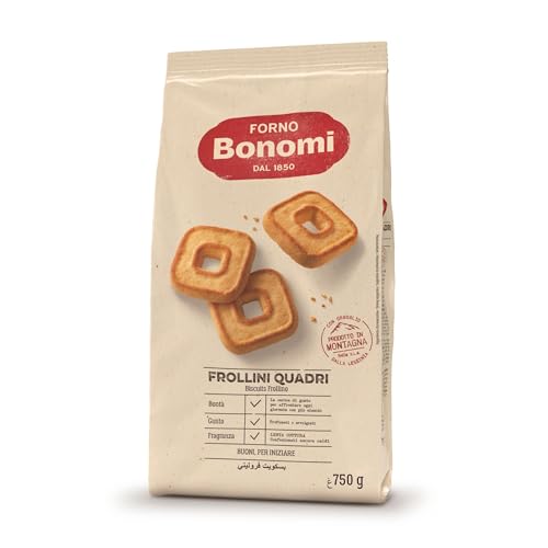 Forno Bonomi Frollini Quadri. Biscotti ottimi sia per la tua colazione che come snack. Da gustate da soli o inzuppati in latte, té o caffè. Confezione da 750 g