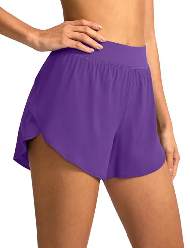 Soothfeel High Waisted Athletic Running Shorts for Women Dolphin Short High Split Quick Dry Gym Workout Shorts with Liner (Purple S)