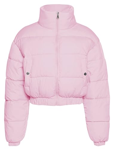 Flygo Cropped Puffer Jacket Women 2025 Winter Warm Zip Up Padded Short Quilted Jackets Down Coat(Pink-L)