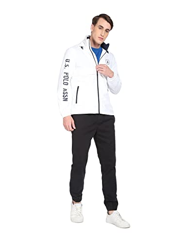 Image of Men White Placement Brand Print Hooded Polyester Casual Jacket