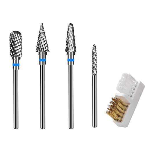 KUKUPOW Fresas Torno para Uñas 4 Piezas et 1 Cepillo, 3/32 Pulgadas Broca Manicura Profesional, Fresas de Diamante Cutículas para Torno de Uñas para Eliminación de Gel Acrílico Cutícula
