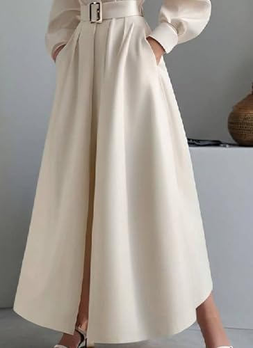 Women's Summer Apricot Plain Elegant Casual V-Neck Puff Long Sleeve Belt Flowy Party Maxi Dress with Pockets4