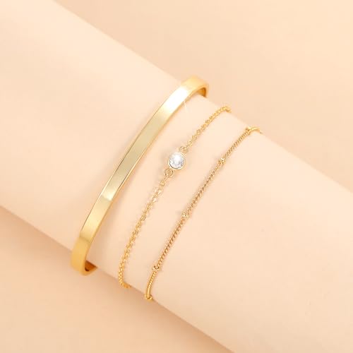 Image of Moodear Thin 14K Gold Plated Link Chain Bracelet - Dainty Stack Satellite CZ Cuff Bangle Bracelets for Women Trendy Non Tarnish