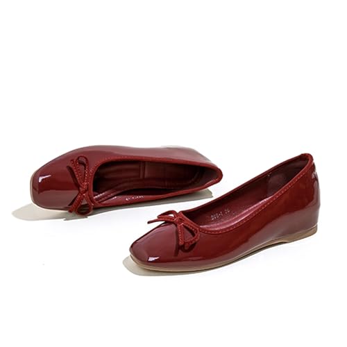 Women's Patent Leather Bow Flat Pumps Elegant Round Toe Heightened Soft Sole Non-Slip Slip-On Ballet Shoes for Dating, Party, Evening