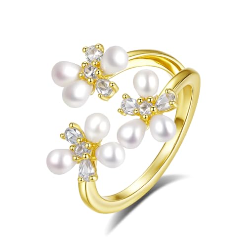 14K Gold Pearl & Moissanite Ring, Floral Open Band Unique Artisan Jewelry for Women