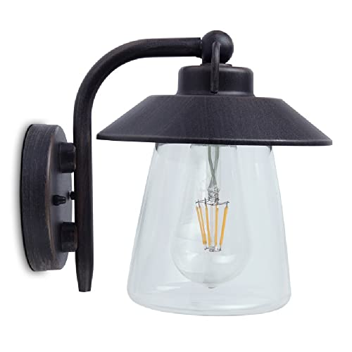 Image of Britalia Matt Black Rust & Clear Glass Outdoor Vintage Swan Neck Down Lantern Wall Light | IP44 Exterior Rated | 20cm Height | 1 x ES E27 Lamp Bulb Required | Garden - Patio - Driveway