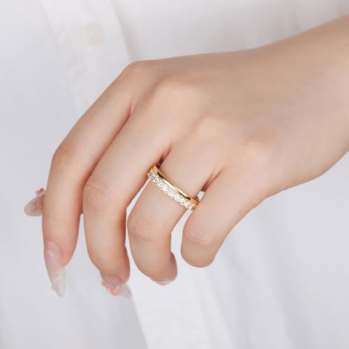 Moissanite Eternity Band Rings for Women, 14k Gold Plated Dual Eternity Rings Wedding Band for Women Stacking, Gold Jewelry Non Tarnish Engagement Promise Anniversary Comfort Fit Size 5-104