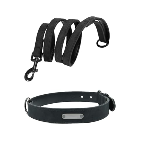 犬首輪 名前入り レーザー刻印のお名前&電話番号 カスタムペット用首輪 無料で刻印する 小型、中型、大型犬に適用 牽引ロープ付き (ブラック,L)