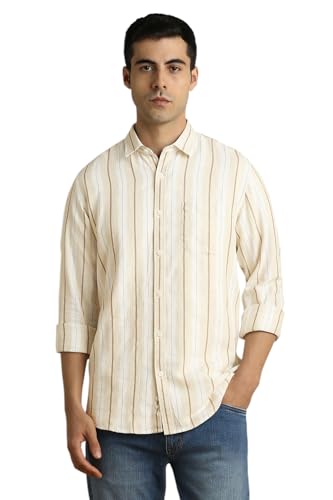 Image of Peter England Men's Linen Blend Shirt | Subtle Stripes | Full Sleeves