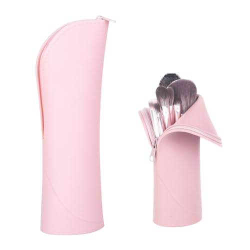 Travel Make-up Brush Holder Organizer Stand-Up Makeup Brush Pouch Silicone Zipper Closure Cosmetic Case Portable and Waterproof Travel Case for Toiletry Makeups Gift Light Pink