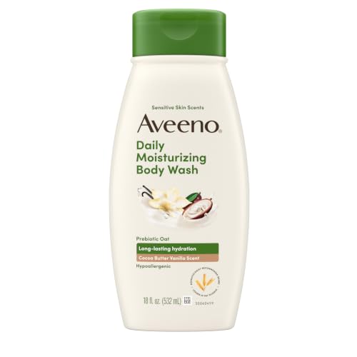 Image of Aveeno Daily Moisturizing Body Wash with A Cocoa Butter Vanilla Scent & Soothing Prebiotic Oat, Provides Long-Lasting Hydration for Sensitive Skin, Hypoallergenic, Paraben-Free, 18 fl. oz