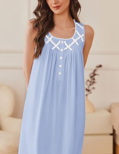 Image of Ekouaer Nightgowns for Women Cotton Long Night Gown Sleeveless Sleep Dress Victorian Nightdress Ladies Sleepwear