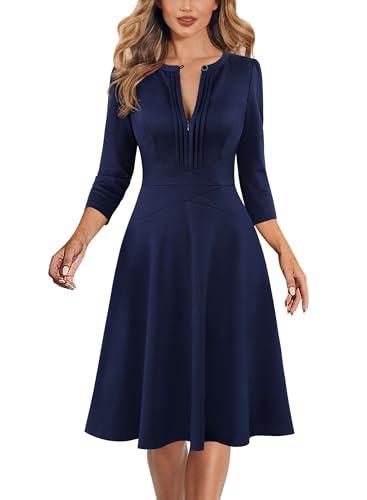 VFSHOW Womens Work Office Business Casual Church V Neck Zipper Elegant Interview Cocktail Fit and Flare A Line Dress