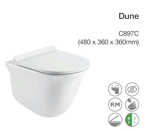 Image of PARRYWARE DUNE Rimless Ceramic Wall Mount /Wall Hung Water Closet Commode Western Toilet /Commode /European Commode With Soft Close Seat Cover For Bathrooms (Wall Mounted, ULTRA White) C897C