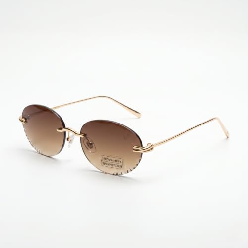 Image of UV Protected Aurora Edge Rimless Photochromic Sunglasses for Men & Women | Oval Sunglasses | Golden Frame | Brown Gradient Lens | Lightweight Fashion Eyewear for Driving, Travel