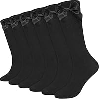 ouhos 3 Pairs Girls Knee High School Socks Kids Long Plain White Black Blue Uniform Party Wear Cotton Socks for Girls with Ribbons Bow