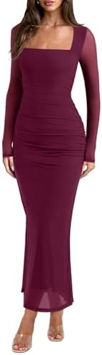 REORIA Damen Maxi Kleid mit Langen Ärmeln für Hochzeitsgäste Transparenter Mesh Stoff Quadratischer Ausschnitt Ger Rafftes Bodycon Lang Kleider