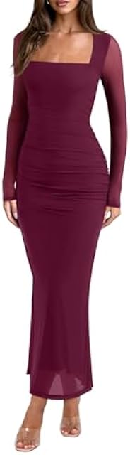 Long Sleeve Wedding Guest Maxi Dresses for Women Sheer Mesh Square Neck Ruched Bodycon Long Dress 2026 Spring Outfits