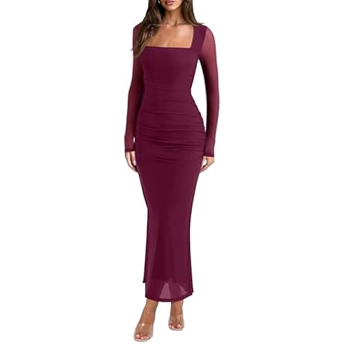 REORIA Womens Long Sleeve Wedding Guest Maxi Dresses