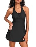 Hilor Women Halter Push Up Bathing Suit Dress Slimming Tummy Control One Piece Swimsuit Black 10