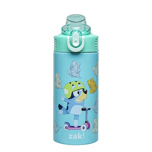 Image of Zak Designs Bluey Sage Kids Water Bottle For School or Travel, 14oz Stainless Steel Water Bottle With Straw, Handle, and Leak-Proof, Pop-Up Spout Cover (Bluey & Bingo)