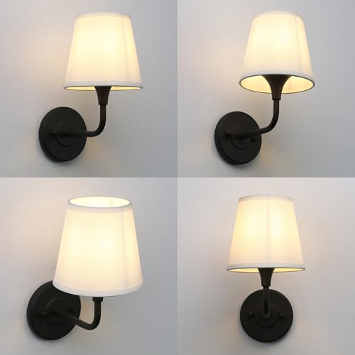 Image of Phansthy Hardwired Brass Boho Wall Sconces Set of 2, Vintage Industrial Wall Lamps, Vanity Sconces Wall Lighting with Natural Fabric Shade for Bathroom Bedroom Living Room (Black + White Shade)