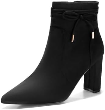 Coutgo Womens Pointed Toe Ankle Boots Chunky Block Heel Tie Knot ...