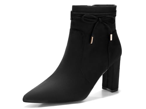 Coutgo Womens Pointed Toe Ankle Boots Chunky Block Heel Tie Knot Side Zipper Dressy Booties