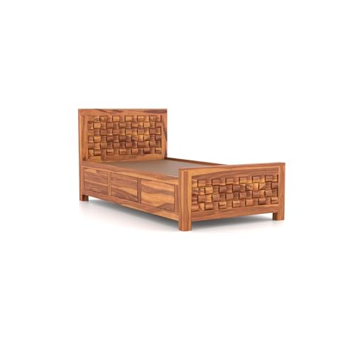 Image of Sheesham Wood Single Size Bed with Storage Box | Wooden Cot for Bedroom | Premium Niwar Design Headboard Bed for Living Room | Honey Finish