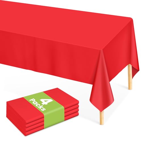 Image of Mulbozy Red Plastic Table Cloth Disposable 4 Pack, 54 x 108 Inch Tablecloths Rectangle, Red Plastic Table Cover for Party Decor