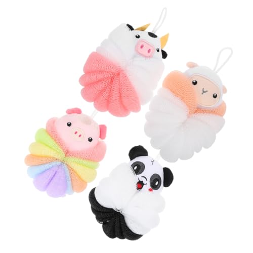Mobestech Bolas de Baño Exfoliantes con Diseño Infantil 4 Piezas (panda, Cerdo, Oveja, Vaca) Esponjas de Malla para Limpieza Corporal Suave y Exfoliación Eficaz