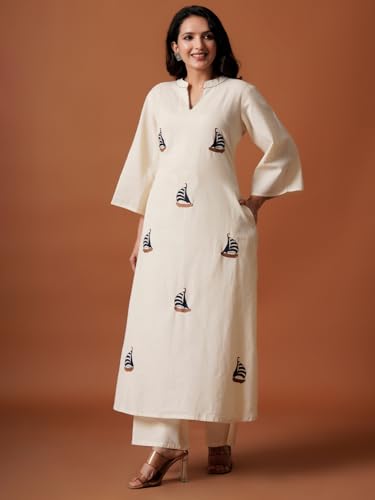 Image of INDO ERA Women's's Pure Cotton Embroidered Kurta Women | Floral Neck & Hem Embroidery | Cotton Kurta Women |