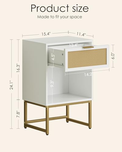 Image of Masupu Rattan Nightstand,Modern Night Stand Boho Farmhouse Wood Bedside Table with Storage Drawer Side End Table for Bedroom,Office,White