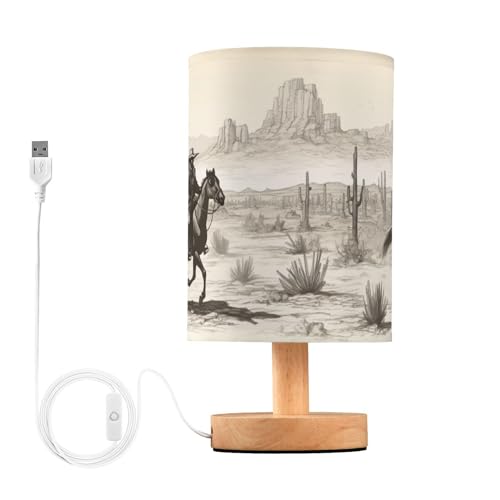 Image of YEGAME Western Cowboy Bedside Table Lamp for Bedroom Nightstand, Small Eye Care LED Desk Reading Lamp USB Port Wood Base Round Flaxen Fabric Shade for for Kids Room Living Room Office Desk