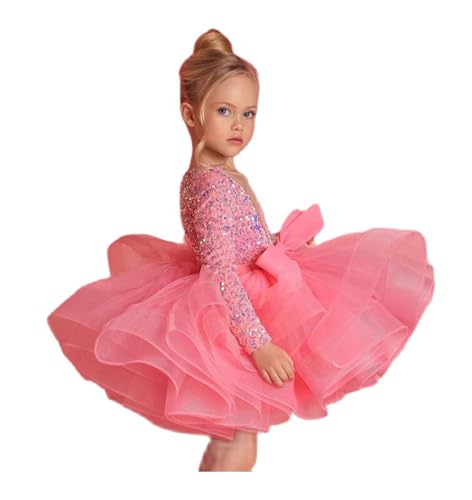 Short Mini Girls' Sequined Tulle Dress Long Sleeves Flower Girl Pageant Gowns
