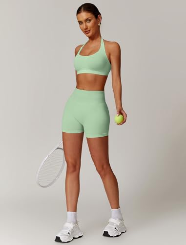 Image of ABOCIW Workout Sets for Women 2 Piece seamless Halter Sports Bra Scrunch Butt Impact Shorts Gym Yoga Outfits