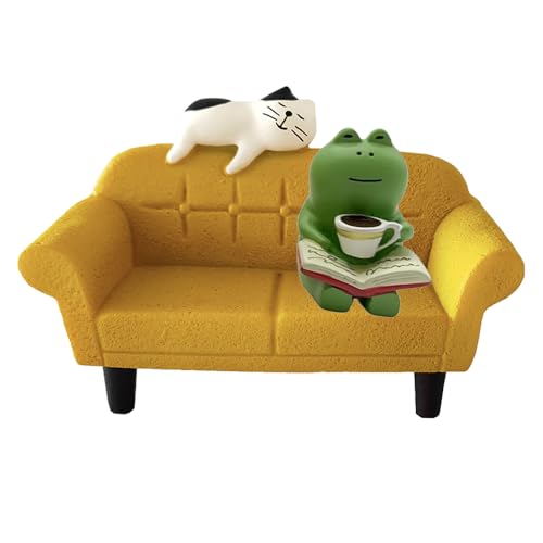 2-Piece Set Miniature Sofa Cat Figurines Statue,Miniature Frog Figurines Statue,Mini Things for Desk Decor,Cute Desk Accessories,Home Decor,Cute Bedroom Decor,Smis-ki Figures for Garden,Shelf, Table