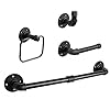 NearMoon 4 Pieces Industrial Pipe Bathroom Hardware Set Include 18 Inch Towel Bar Towel Ring Toilet Paper Holder and Robe Hook Heavy Duty Rustic Iron Decor Wall Mounted Accessories Kit Black